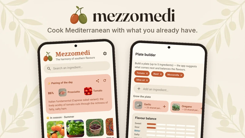 The MezzoMedi app on two phones: the home screen with the pairing of the day, and the plate builder with its flavour balance