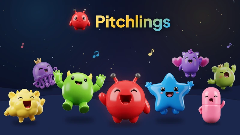 Eight Pitchlings creatures singing and jumping on hills under a starry sky, below the Pitchlings logo