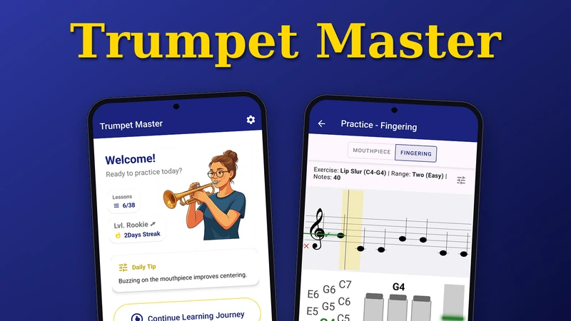 The Trumpet Master app on two phones: the home screen and a fingering exercise on the staff, under the gold Trumpet Master title