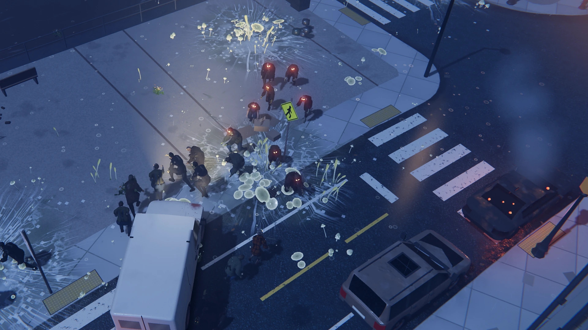 Mother Strain — a van ploughing into a red-eyed horde on a fungus-covered street corner
